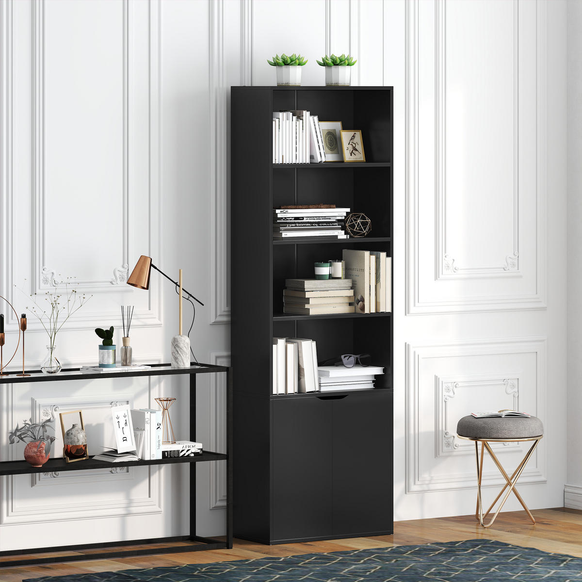 AKTENREGAL DE-14460 mit 4 offenen Fächern und 2 Türen Schwarz - Schwarz, Holzwerkstoff (29/180/59cm) - ComfortXL
