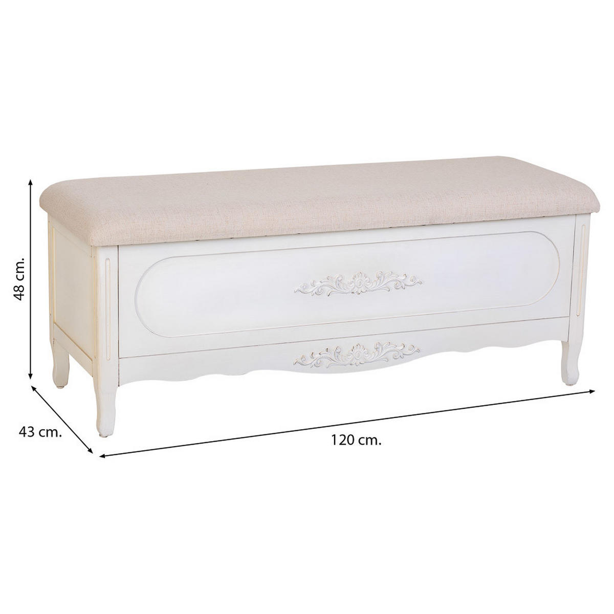 ANTIKER weiß lackierter gepolsterter Holzhocker 120x43x48 cm - Weiß, Holz (120/48/43cm) - Wanderlust