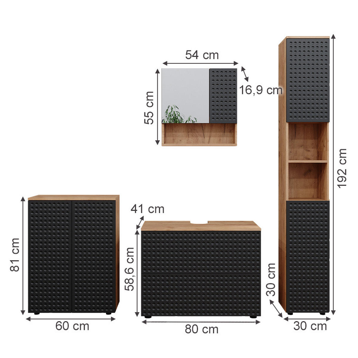 BADMÖBEL-SET Irma Anthrazit gepunktet 4 Teile - Anthrazit/Eiche Wotan, Holzwerkstoff (80/58/41cm) - Vicco