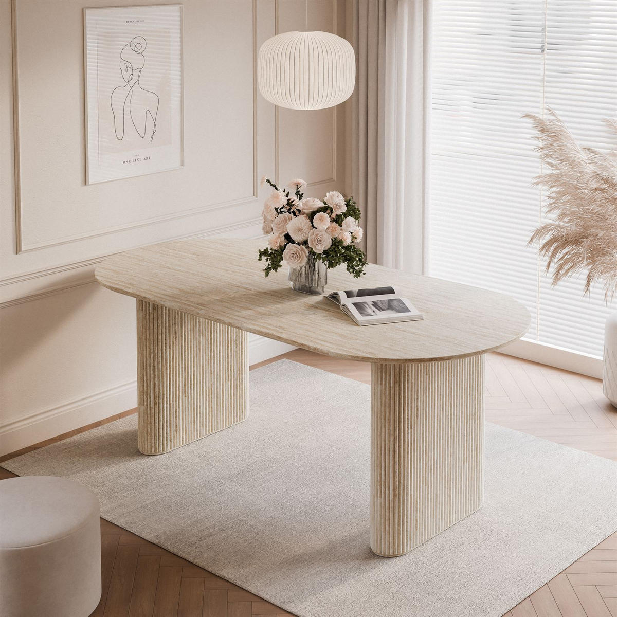 ESSTISCH OVI mit geriffelter Tischbasis Sandstein - Beige, Holzwerkstoff (90/180/75cm) - Lookway