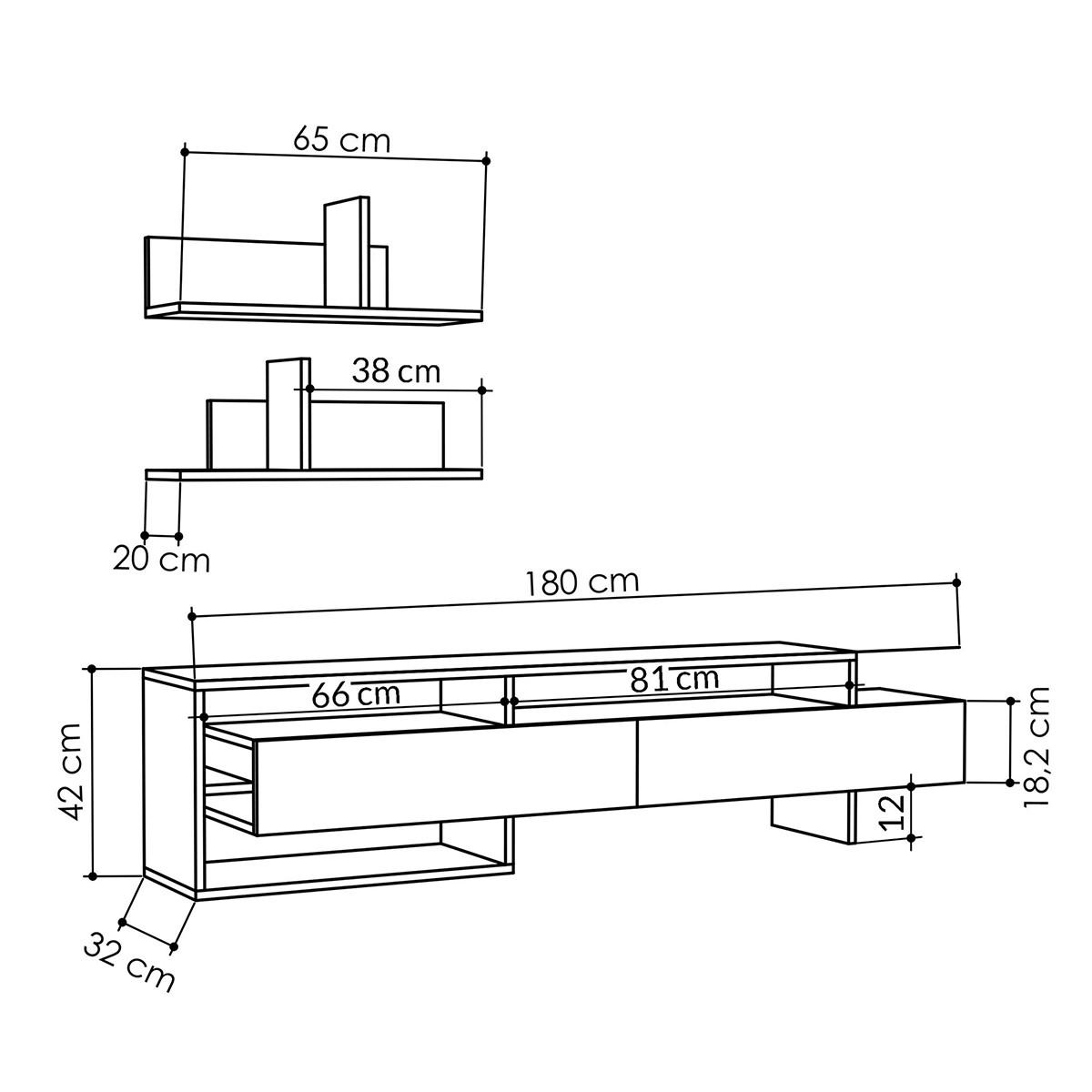 TV-MÖBEL mit 2 Türen und 2 Wandregalen L180 cm - Gara - Anthrazit, Holzwerkstoff (32/42/180cm) - Calicosy