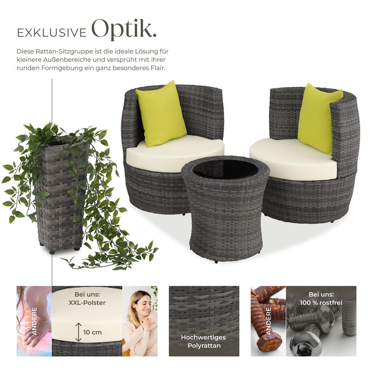 RATTAN SITZGRUPPE Nizza,stapelbar,grau - Grau, Kunststoff - tectake