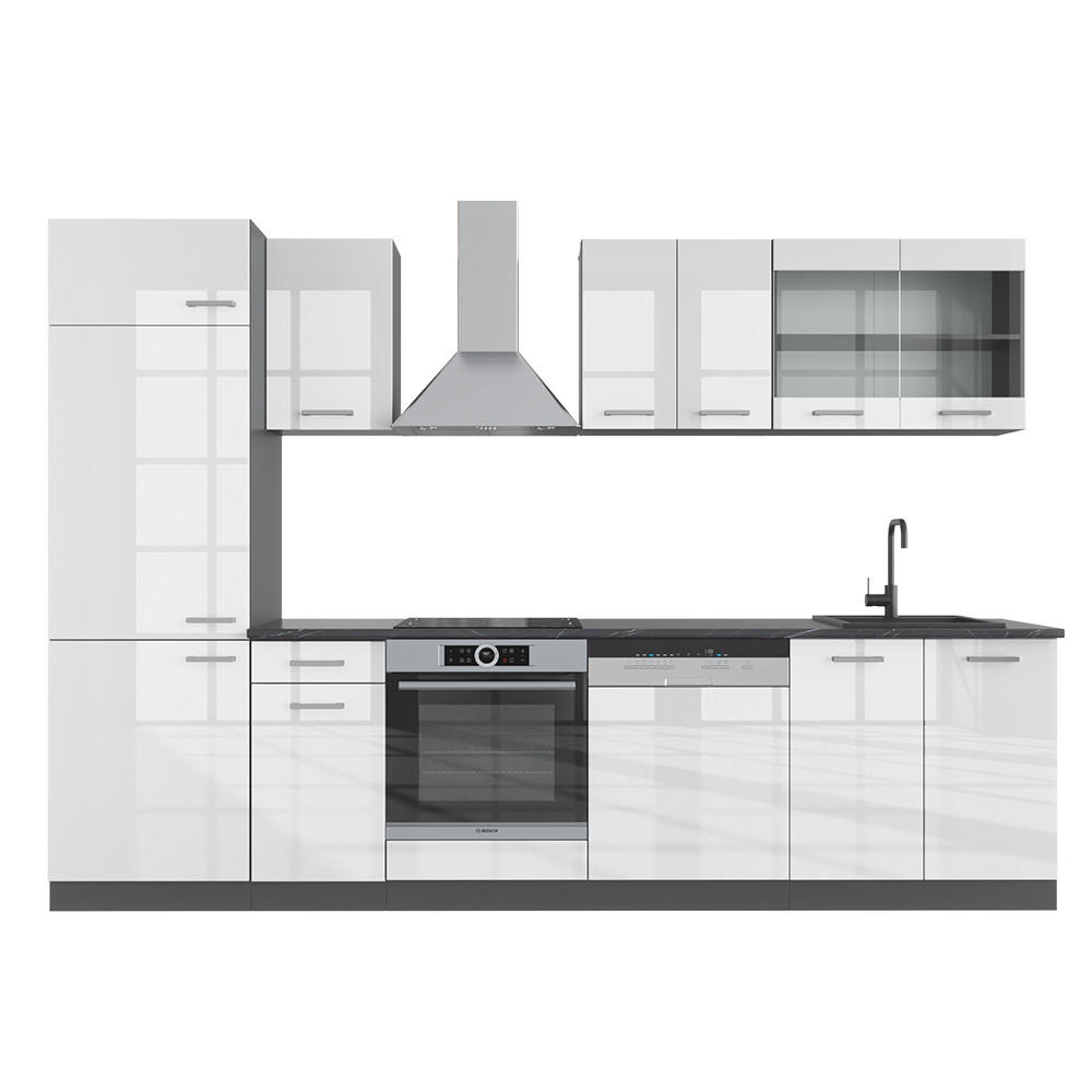 KÜCHENZEILE R-Line Weiß Hochglanz/Anthrazit 300 cm ohne AP - Weiß Hochglanz/Anthrazit, Holzwerkstoff (300/81.6/46cm) - Vicco
