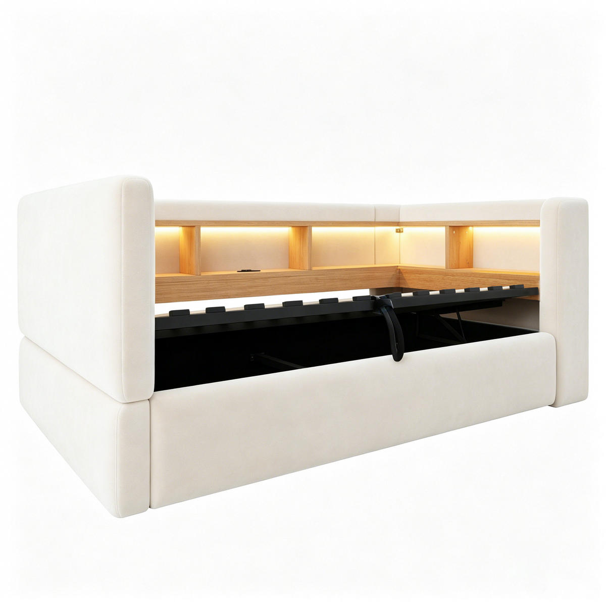 STAURAUMBETT 90/190 cm mit Hydraulik-Stauraum und LED, DE-41685, in Beige - Beige, Metall (90/190cm) - ComfortXL