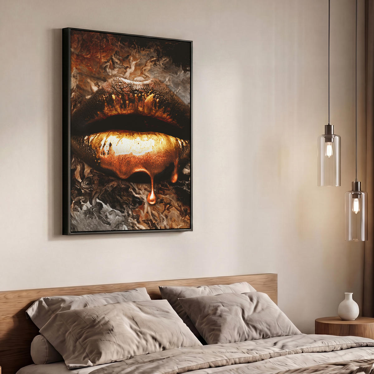 LEINWAND Bilder mit Rahmen - Gold - Lippen - Kunst - Gold - Luxus - Abstrakt - 70x100 - Kupferfarben, Textil (70/100cm) - MuchoWow