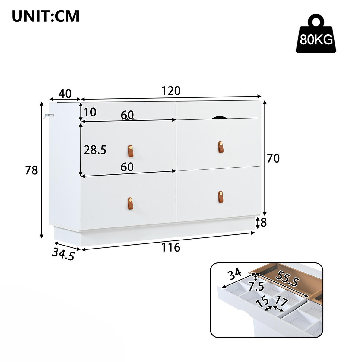 KUCHYŇSKÁ SKŘÍŇ v bílé barvě se 6 zásuvkami, do ložnice a obytných prostor, 120 × 40 × 78 cm - bílá, kov/kompozitní dřevo (120/78/40cm) - STILVORA