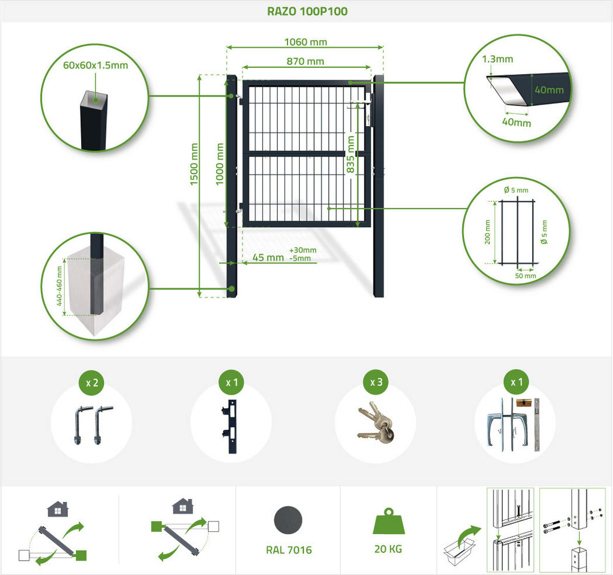 GITTERTOR Razo grau 1m H.100cm Metall - Grau, Metall (106/106cm) - Casanoov