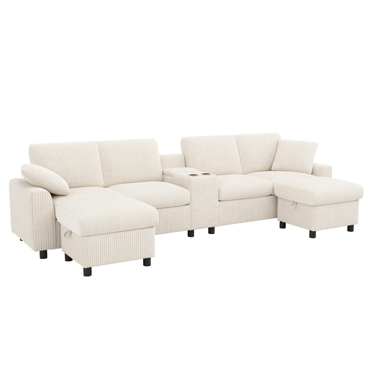 ECKSOFA 315/135/81 cm Beige mit 2 Fußhocker mit Stauraum und 1 Couchtisch - Beige, Textil (315/135cm) - Oxeza