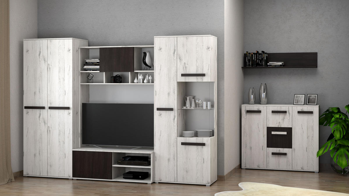 WOHNWAND 4-teilig 280/202/52 cm VIVA + blaue LED-Beleuchtung - Weiß, Holzwerkstoff (280/202/52cm) - imoebel24