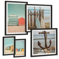 BILDER SET 5er Set - 50x50 cm & 20x30 cm & 40x60 cm Schwarzer Rahmen - Bunte Häuser, Strand, Sonne - Schwarz, Kunststoff (40/60cm) - TULUP