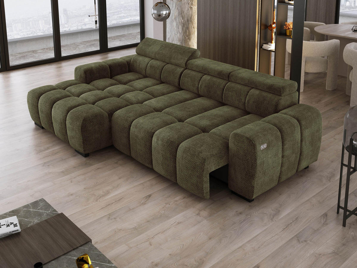 ECKSOFA OMBO 285x168x77/97 cm, Links, Schlaffunktion, elektr. Sitz, Kopfstützen, hydrophober EDEN-Stoff – Olivgrün - Olivgrün, Holz/Textil (168/285cm) - DomoHome