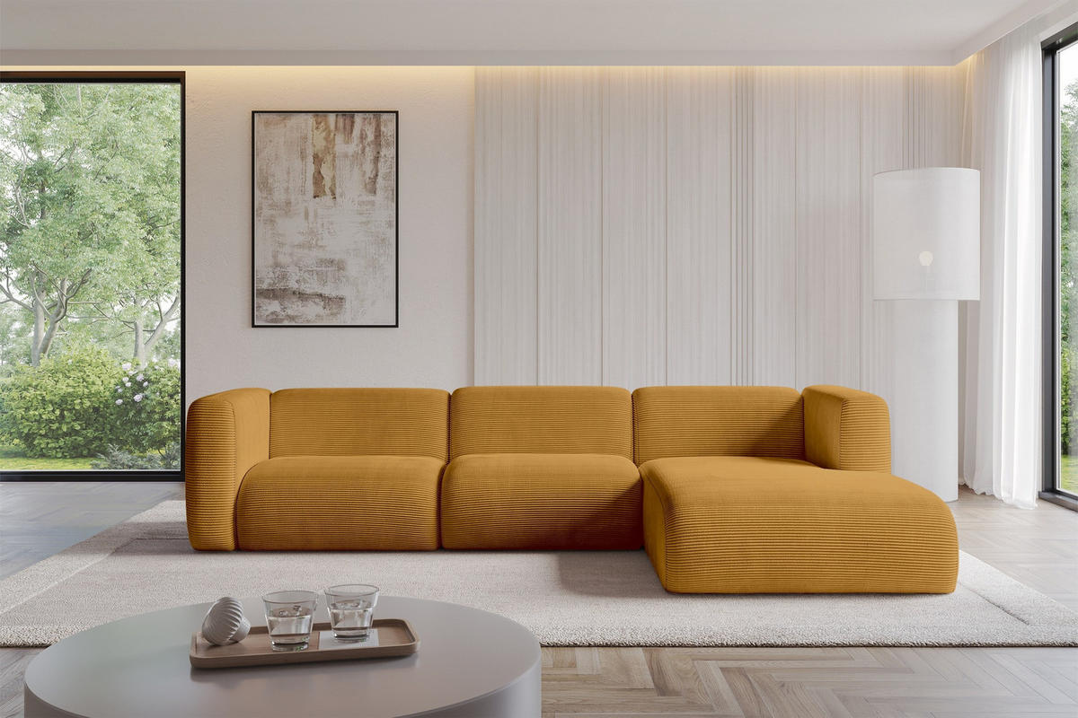 ECKSOFA Ottomane Rechts MIRA-L2 318x179x89 Senfgelb Cord - Currygelb/Schwarz, Holzwerkstoff/Kunststoff (318/179cm) - ALTDECOR