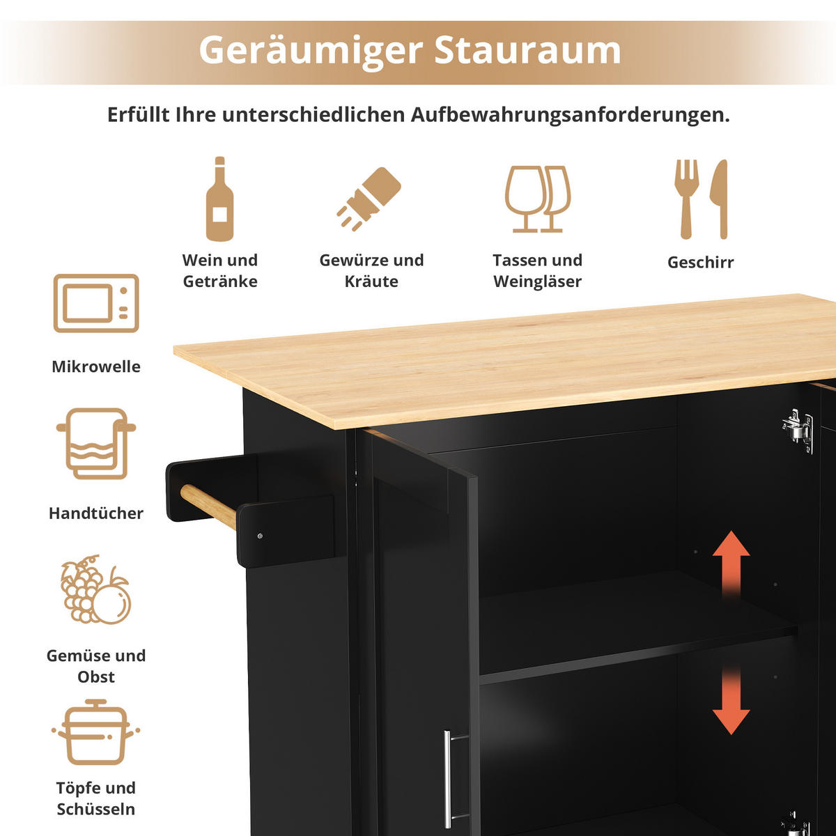 KÜCHENINSEL klappbar 135x70 cm MDF Black/Natural - Schwarz, Holz (44/90/135cm) - Beauniv