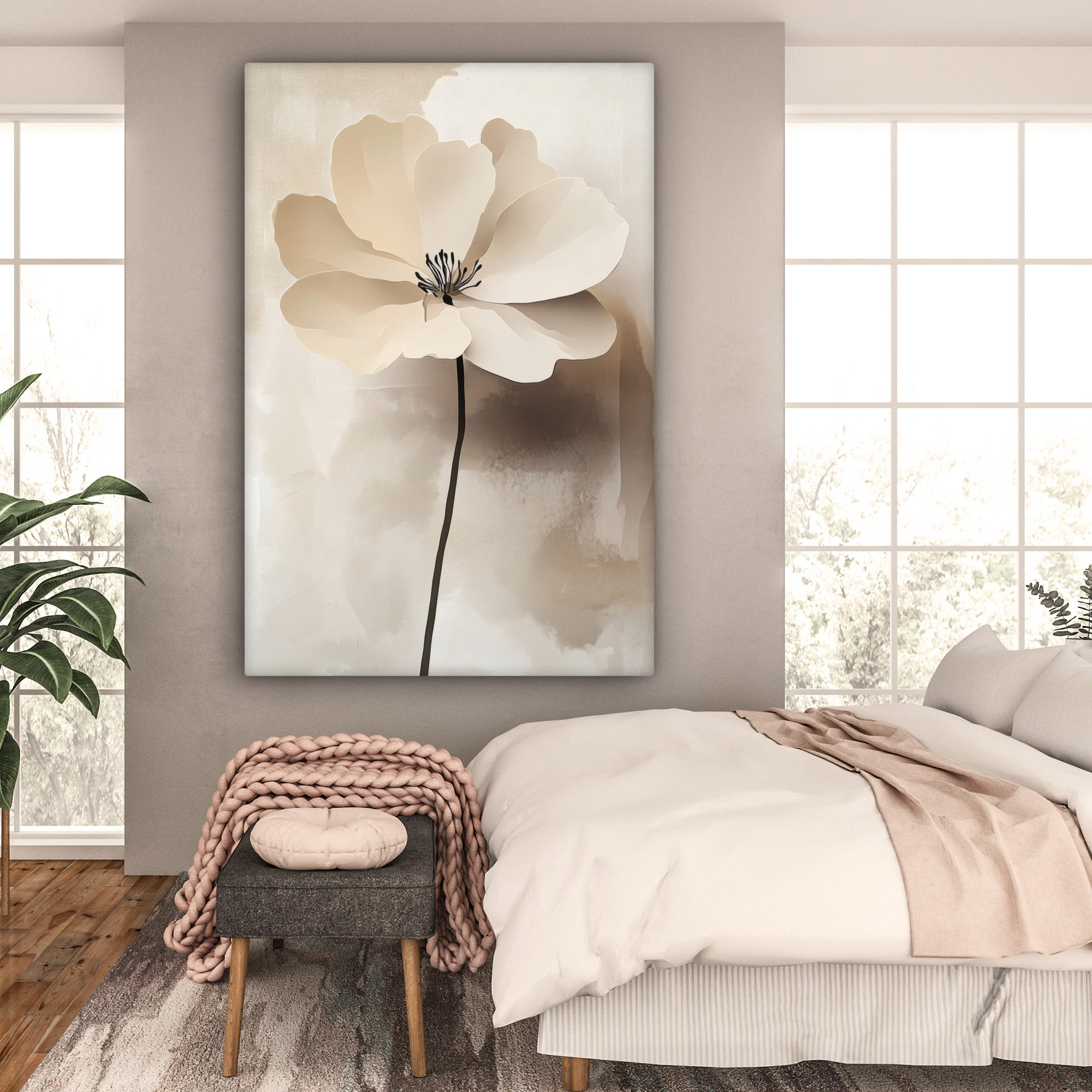 LEINWANDBILD Blume - Beige - Farbe - Schatten 90x140 cm - Creme, Textil (90/140cm) - MuchoWow