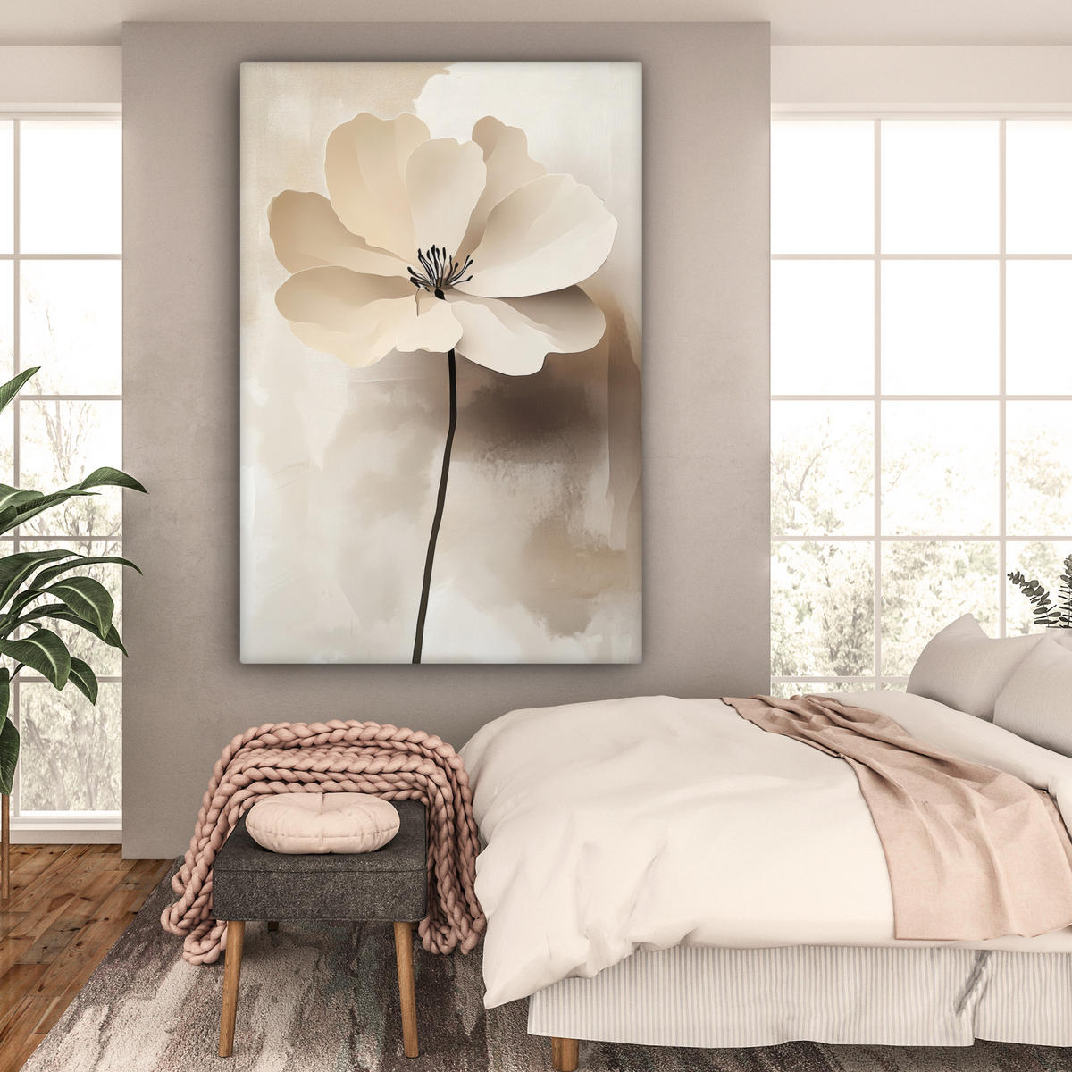 LEINWANDBILD Blume - Beige - Farbe - Schatten 90x140 cm - Creme, Textil (90/140cm) - MuchoWow