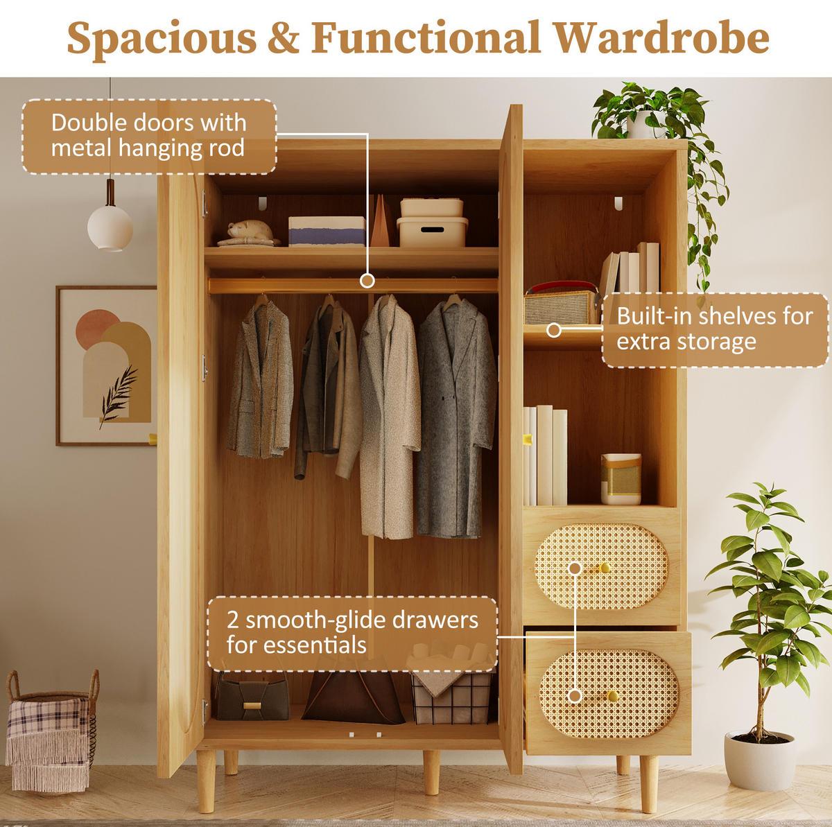 KLEIDERSCHRANK 161/120/44 cm in Eiche mit Rattanfronten und 2 Schubladen - Eichefarben, Holz (120/161/44cm) - BEAOK