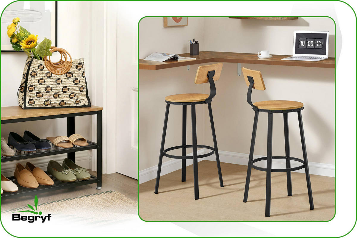 BARHOCKER Holzoptik Metall Honigbraun Schwarz 2er Set mit Rückenlehne 99x54,5x54,5 cm - Schwarz/Honig, Holzwerkstoff/Metall (37/99/55cm) - Begryf