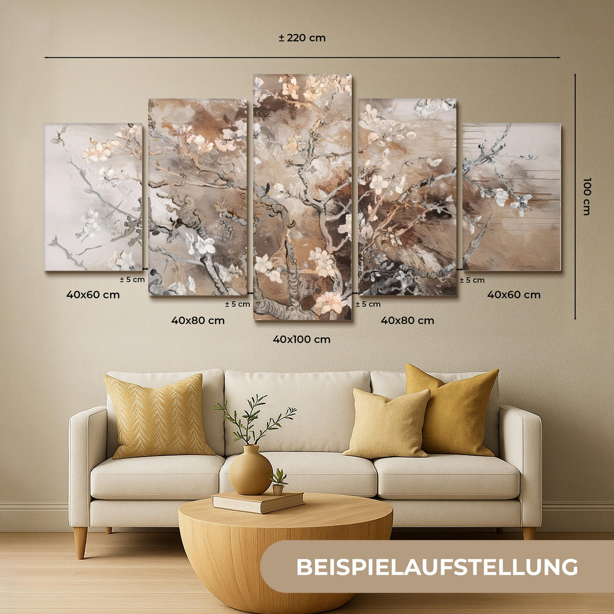 OBRAZ NA PLÁTNĚ 5dílná sada Mandlový květ - abstraktní - béžový 200x100 cm - béžová, textil (200/100cm) - MuchoWow