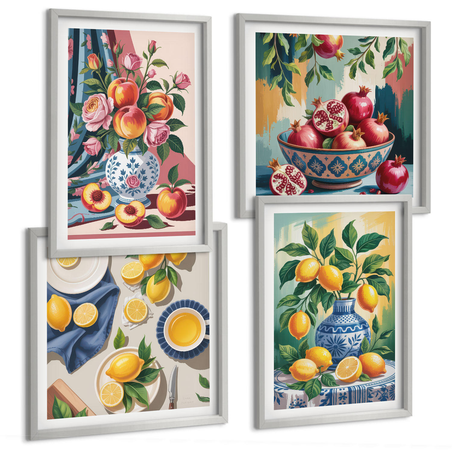 BILDER SET 4er Set - 50x50 cm & 40x60 cm Silberner Rahmen - Blumen und Früchte in Vasen - Silberfarben, Kunststoff (50/50cm) - TULUP