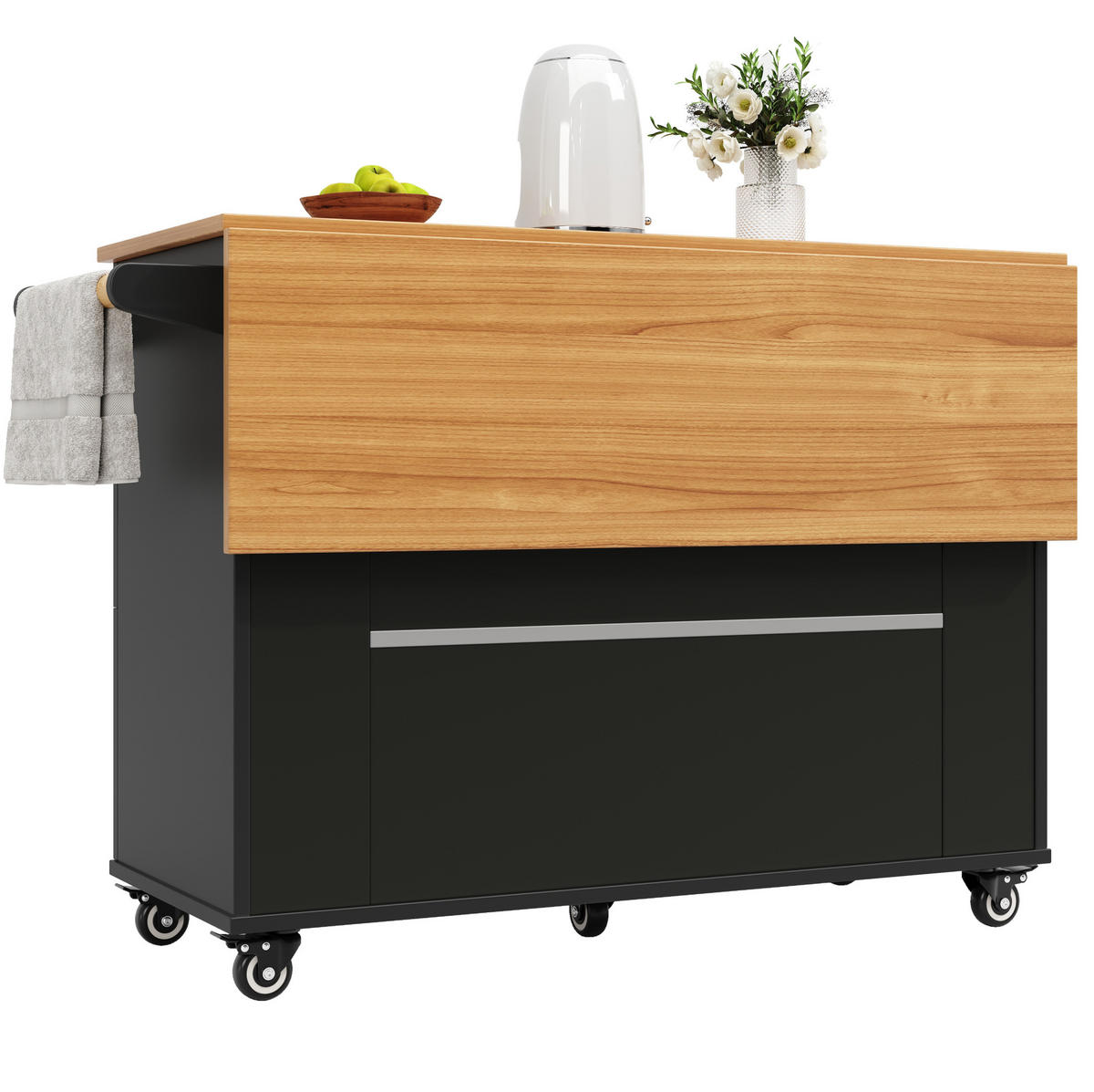KUCHYNSKÝ ostrovček z MDF 133x70x88 cm čierny s kolieskami, nastaviteľnými nožičkami a úložným priestorom - čierna, kompozitné drevo (133/88/37cm) - Modfu