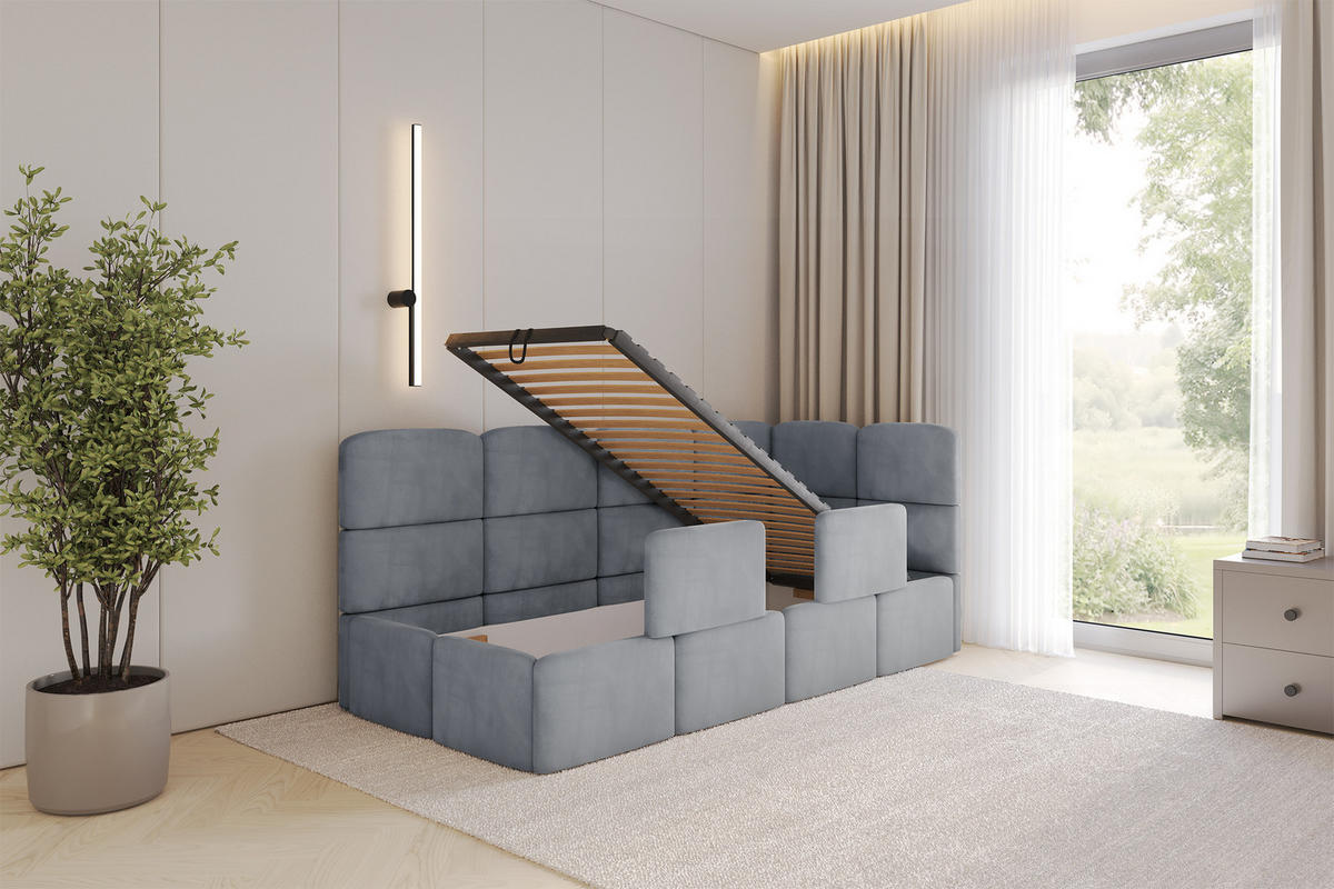 EINZELLBETT Jugendbett mit Bettkasten, Links - KIVY 90x200 Grau - Grau, Holzwerkstoff/Textil (90/200cm) - ALTDECOR