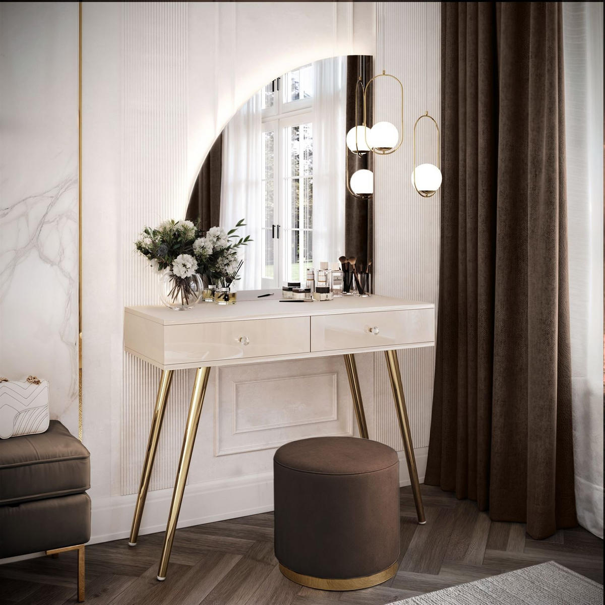 SCHMINKTISCH SIENNA-QS KASCHMIR mit LED-Spiegel Kristallgriff - Beige, Holzwerkstoff (100/81/42cm) - Lookway