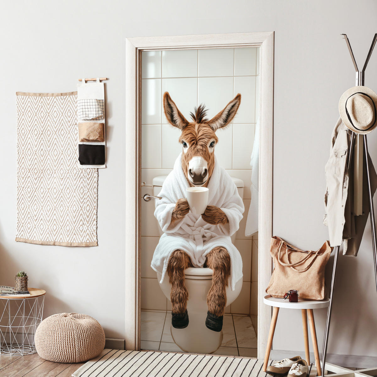 FOTOTAPETE Tür - Esel - WC - Lustig - Bademantel - Tier 75x205 cm - Beige, Kunststoff (75/0.1cm) - MuchoWow
