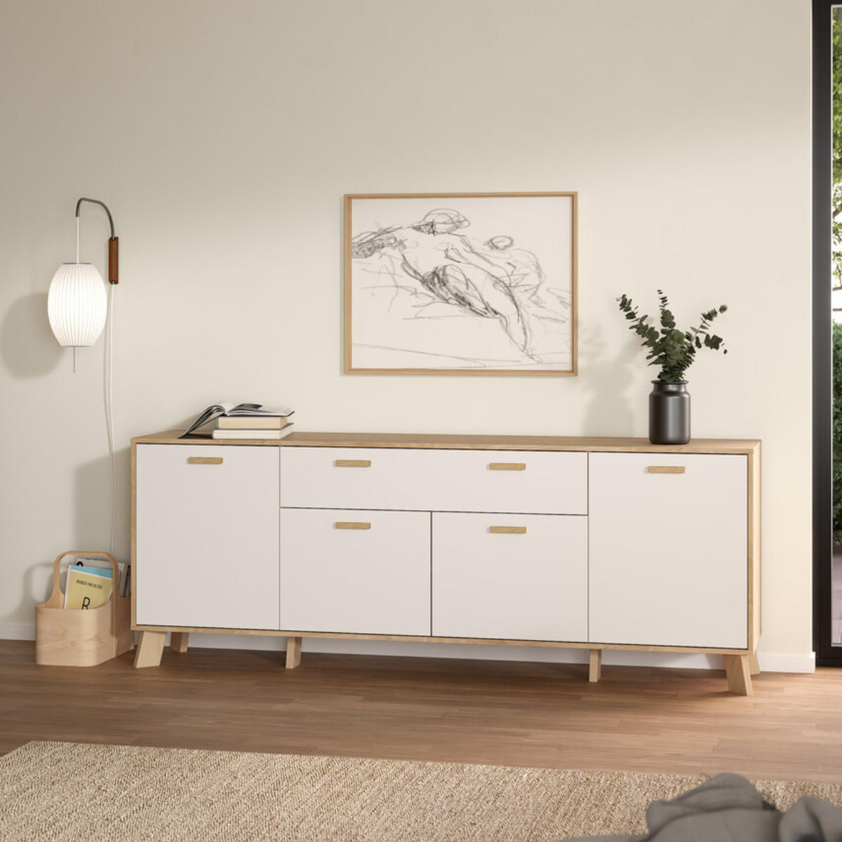 ANRICHTE mit 4 Türen, 1 Schublade Eiche Dekor und weiß storm 195,7/39,1/73 cm - Weiß, Holzwerkstoff (39.1/73/195.7cm) - Calicosy