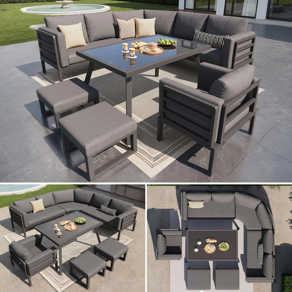 GARTENSET Halbmondform 8 Personen Grau Inkl. Tisch & Hocker - Grau, Metall - FLIEKS