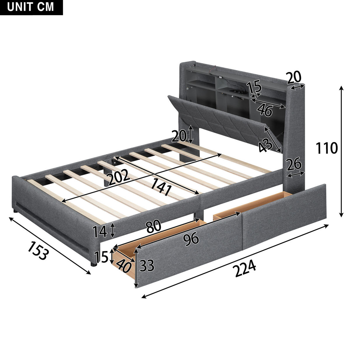 ČALÚNENÁ posteľ 140/200 cm s LED ambientným osvetlením, USB portom, úložným priestorom a 2 zásuvkami, Sivá - sivá, textil (140/200cm) - Redom