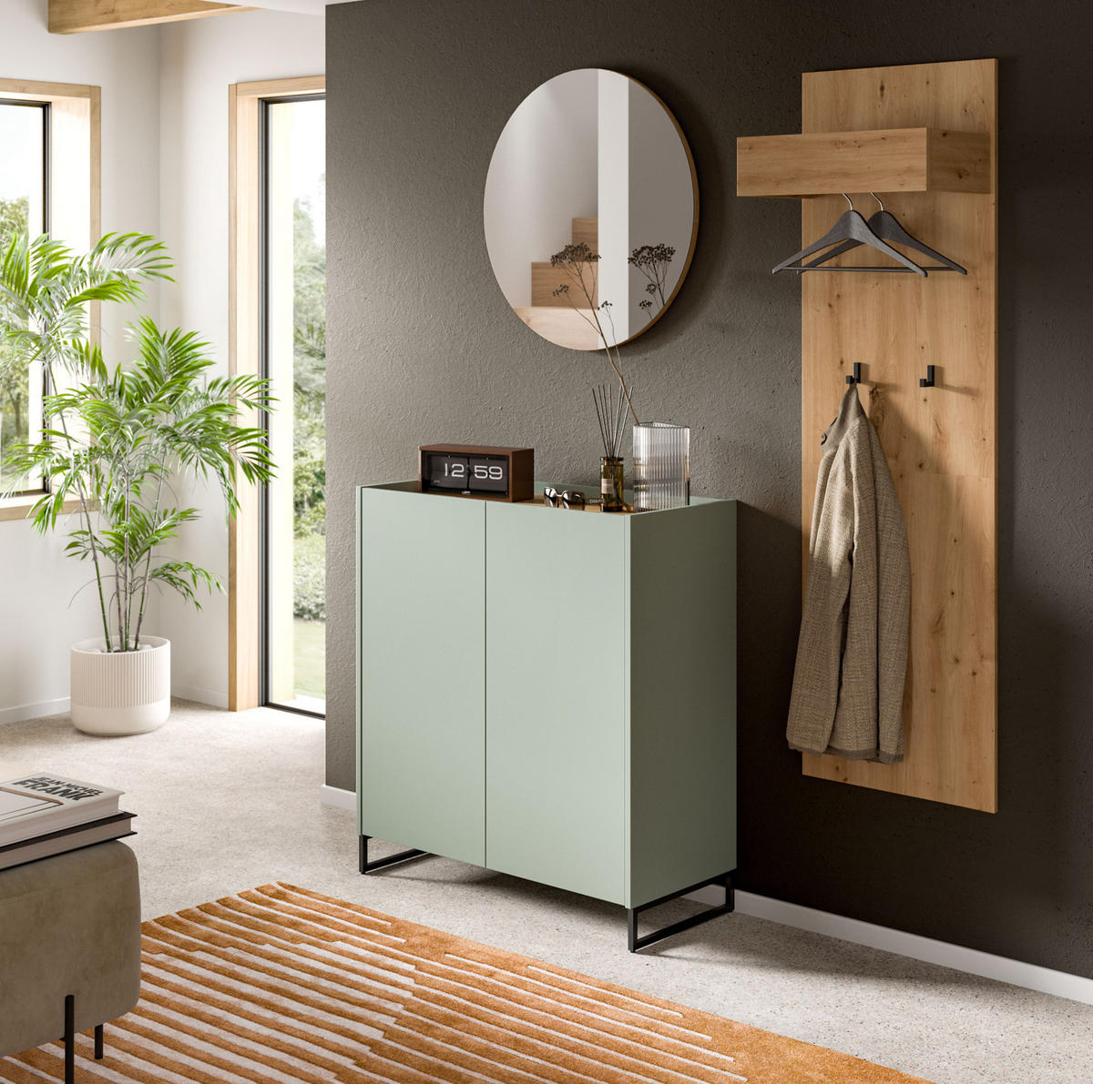 GARDEROBE-SET Salbei und Artisan Eiche, Garderobe 3-teilig, 155 x 197 cm, Soft-Close, Borga - Salbeigrün/Schwarz, Holzwerkstoff/Metall (155/197/38cm) - Inn.Furn