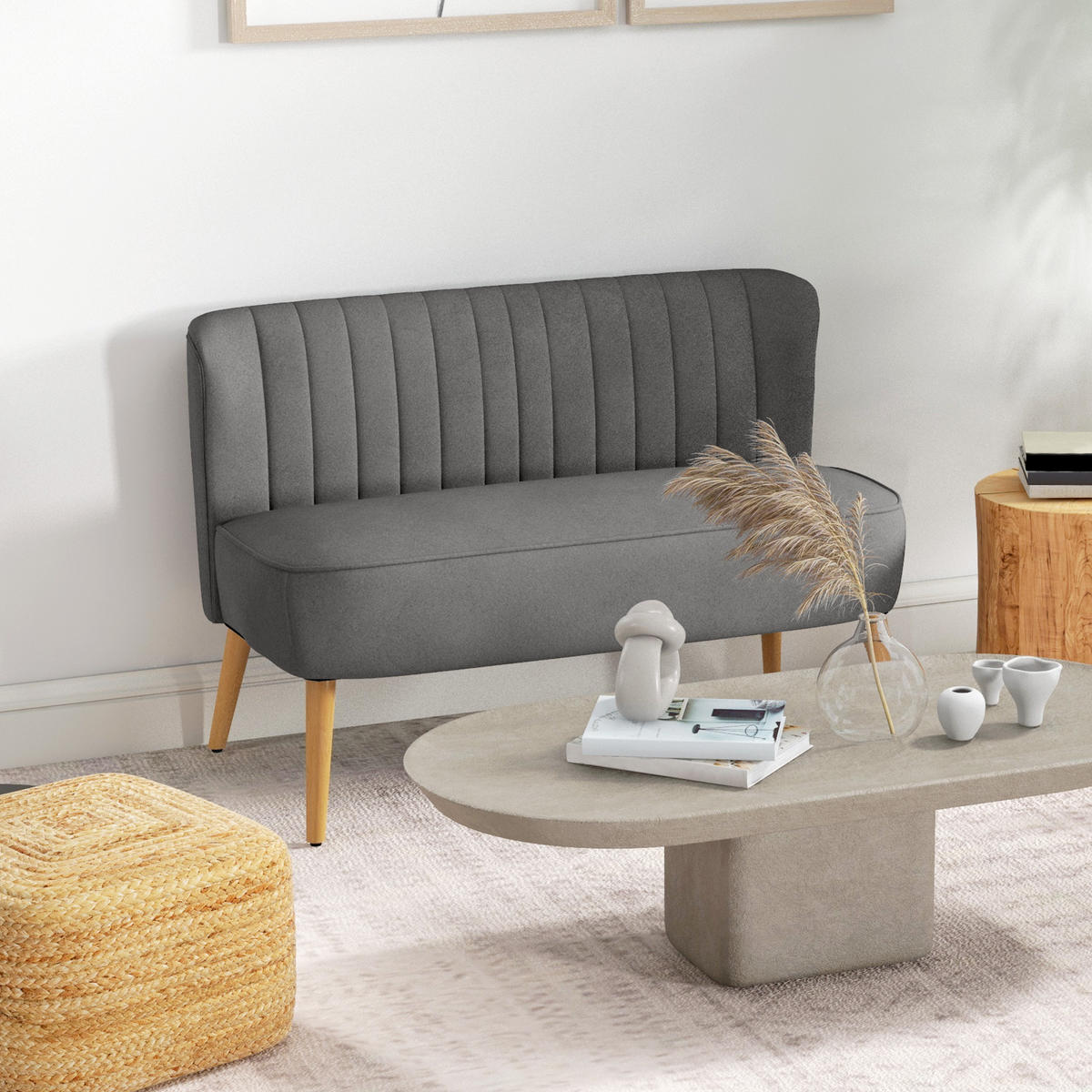2-SITZER Sofa Zweisitzer, Loveseat mit Leinenoptik, Doppelsofa mit Holzbeine - Dunkelgrau/Naturfarben, Holz/Textil (56.5/77/117cm) - HOMCOM