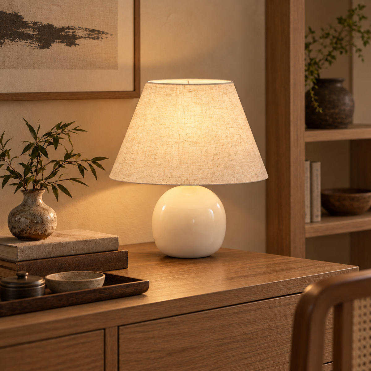 TISCHLAMPE Keramik Leinenoptik Cremeweiß - Creme, Keramik (25/25/27cm) - HOMCOM