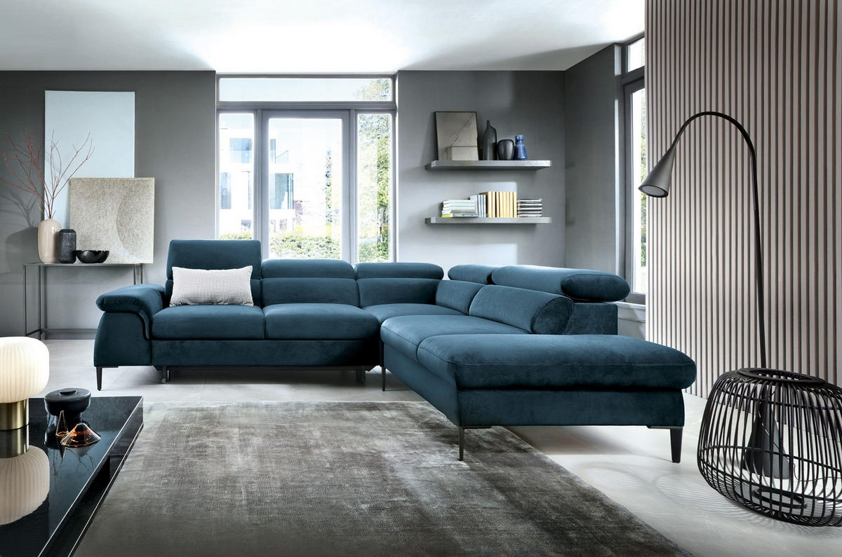 ECKSOFA MESTO Blau Velours-Stoff mit Schlaffunktion - Blau, Holz (280/214cm) - MASSENO