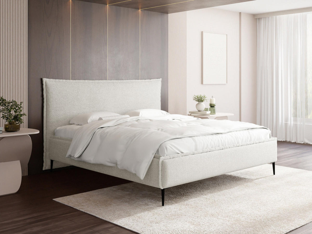 POLSTERBETT Pillow Rise mit Bettkasten, Lattenrost & hohen Metallfüßen in Weiß Chenille 120x200 cm - Birkefarben/Schwarz, Holz/Holzwerkstoff (120/200cm) - WFL GROUP