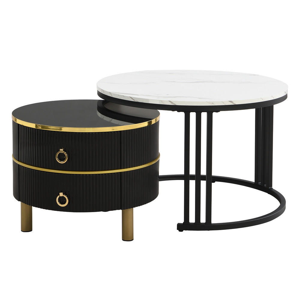 COUCHTISCH 2-in-1 Rund Hochglanz 2 Schubladen Weiß-Schwarz Gold - Schwarz, Holz (56/56/34.5cm) - FLIEKS