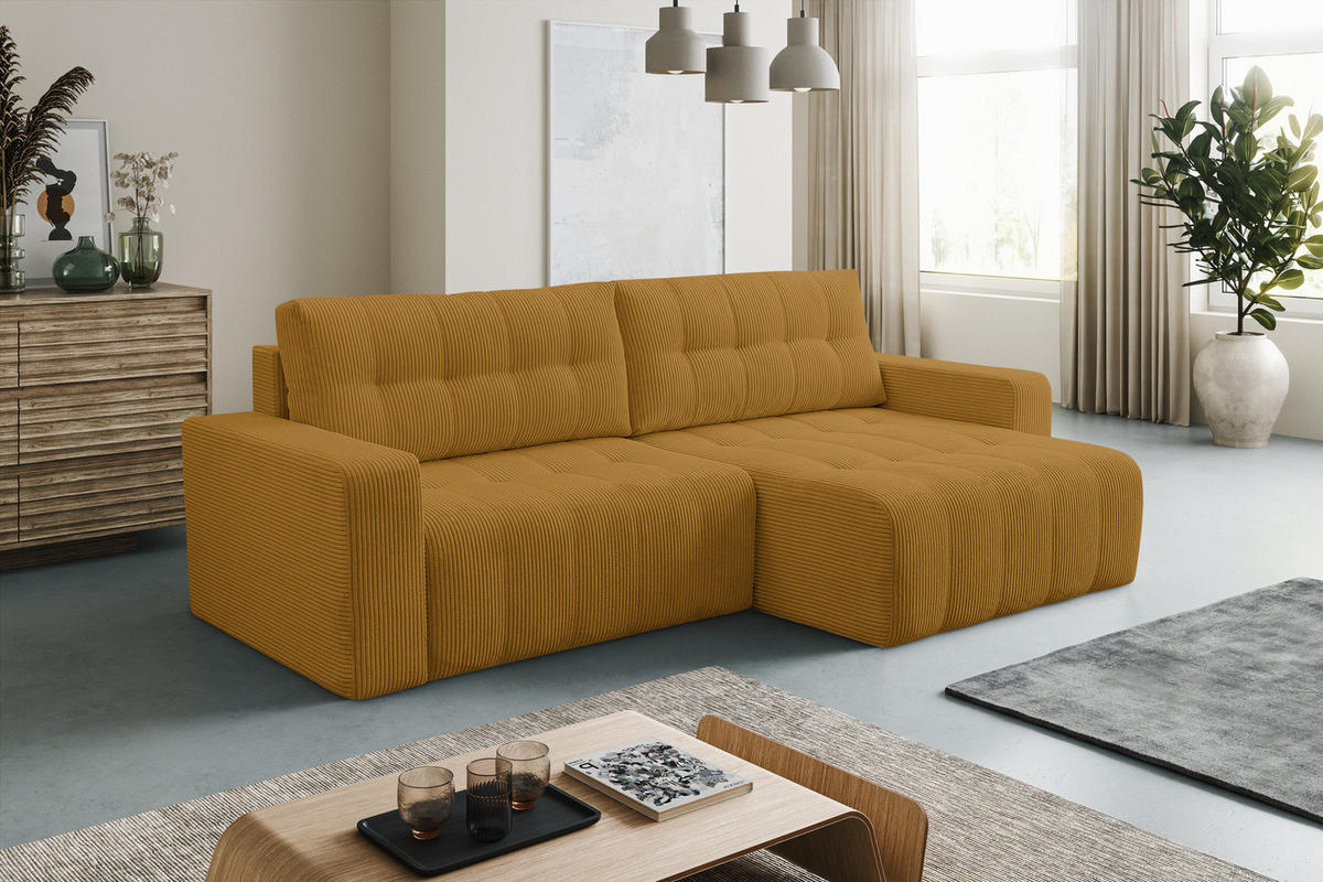 ECKSOFA Palermo mit Schlaffunktion und Bettkasten in Cordstoff - Dunkelgelb, Holz/Holzwerkstoff (245/143cm) - Ravio