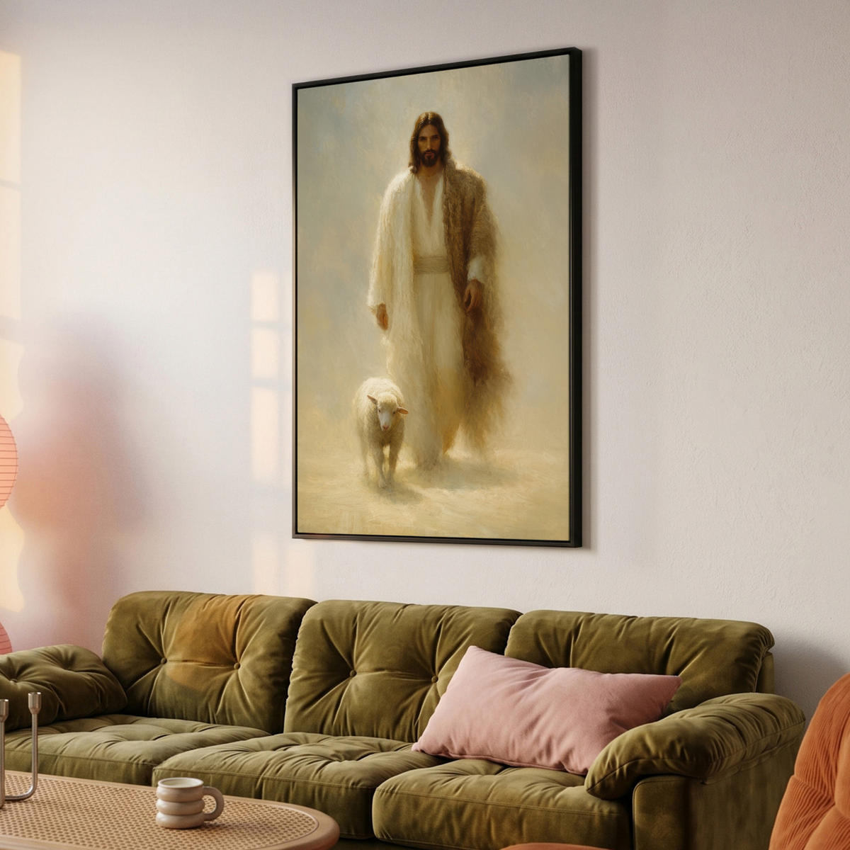 LEINWAND Bilder mit Rahmen - Schaf - Jesus - Pinselstriche - Abstrakt - 100x150 - Beige, Textil (100/150cm) - MuchoWow