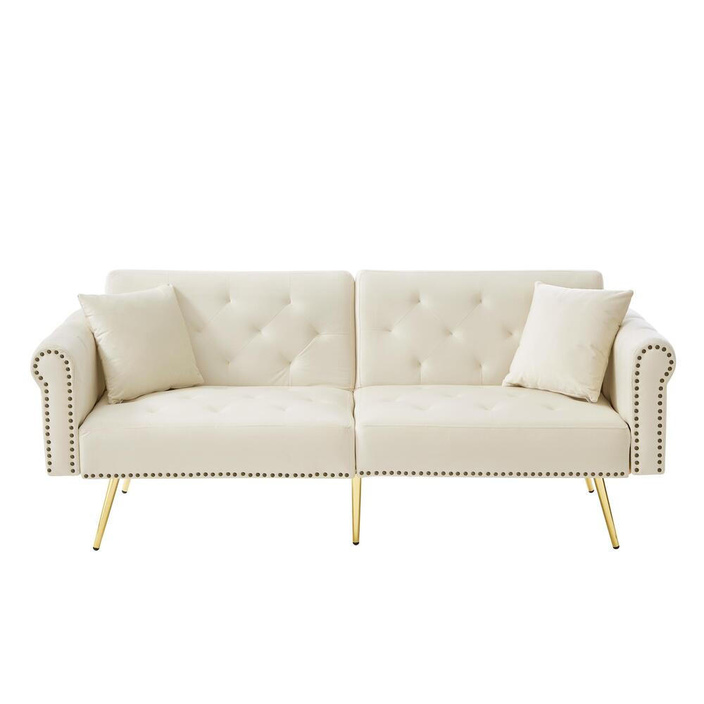 SOFA 2-Sitzer Schlaffunktion Samtbezug 3-Stufen Lehne Metallfüße Kleinraum - Beige, Holz (89.54/19.81/76.84cm) - FLIEKS