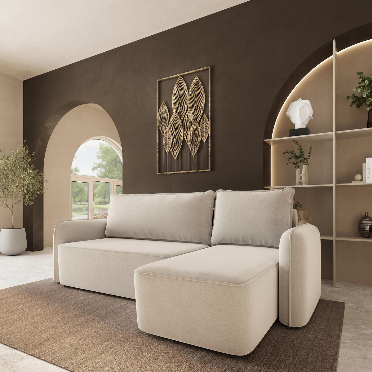 ECKSOFA DOLVER CL Creme Samtstoff mit Schlaffunktion - Creme, Holzwerkstoff/Textil (238/156cm) - MASSENO