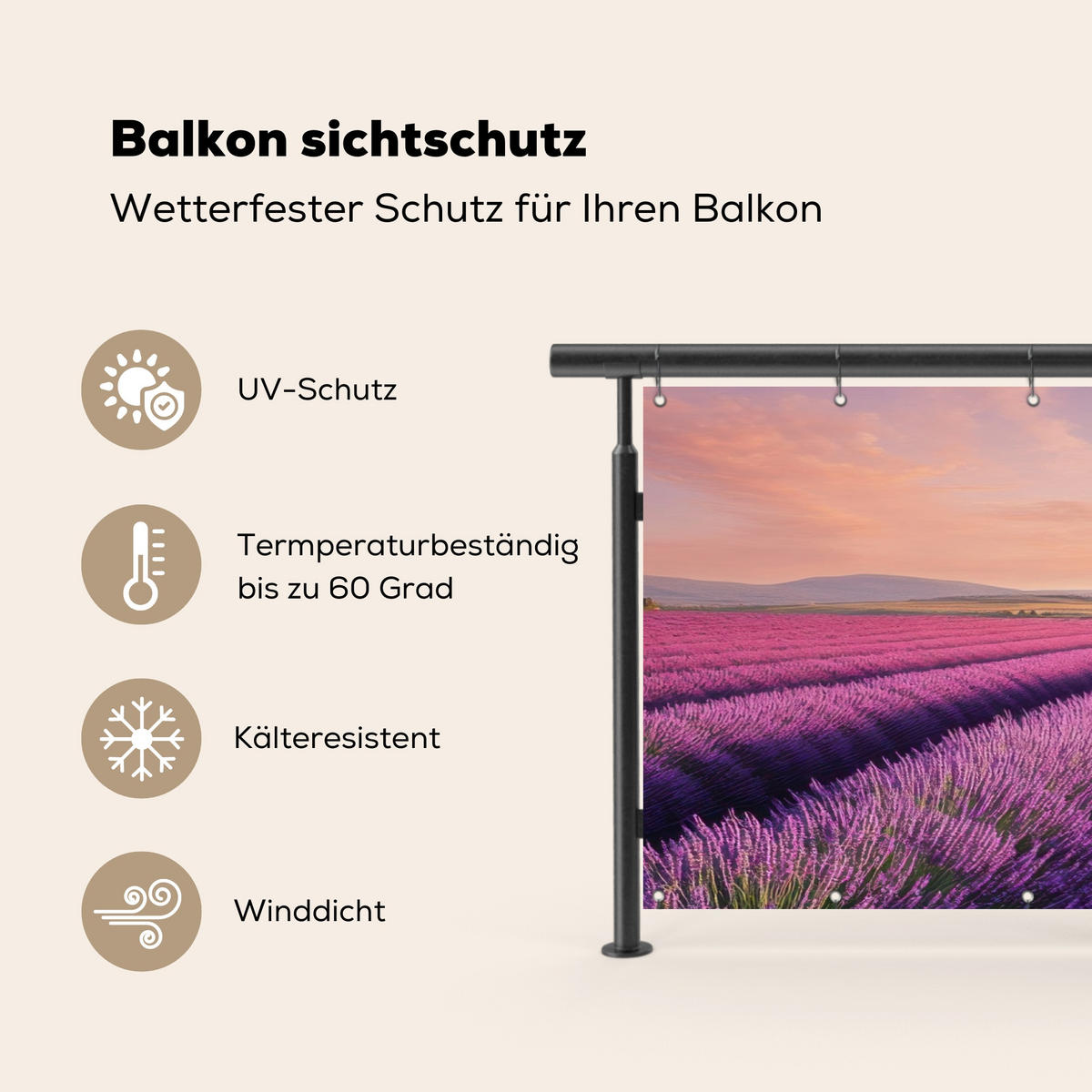 BALKON-SICHTSCHUTZ Lavendelfeld - Sonnenuntergang - Lila - Blumen - Violett, Kunststoff (300/120cm) - MuchoWow