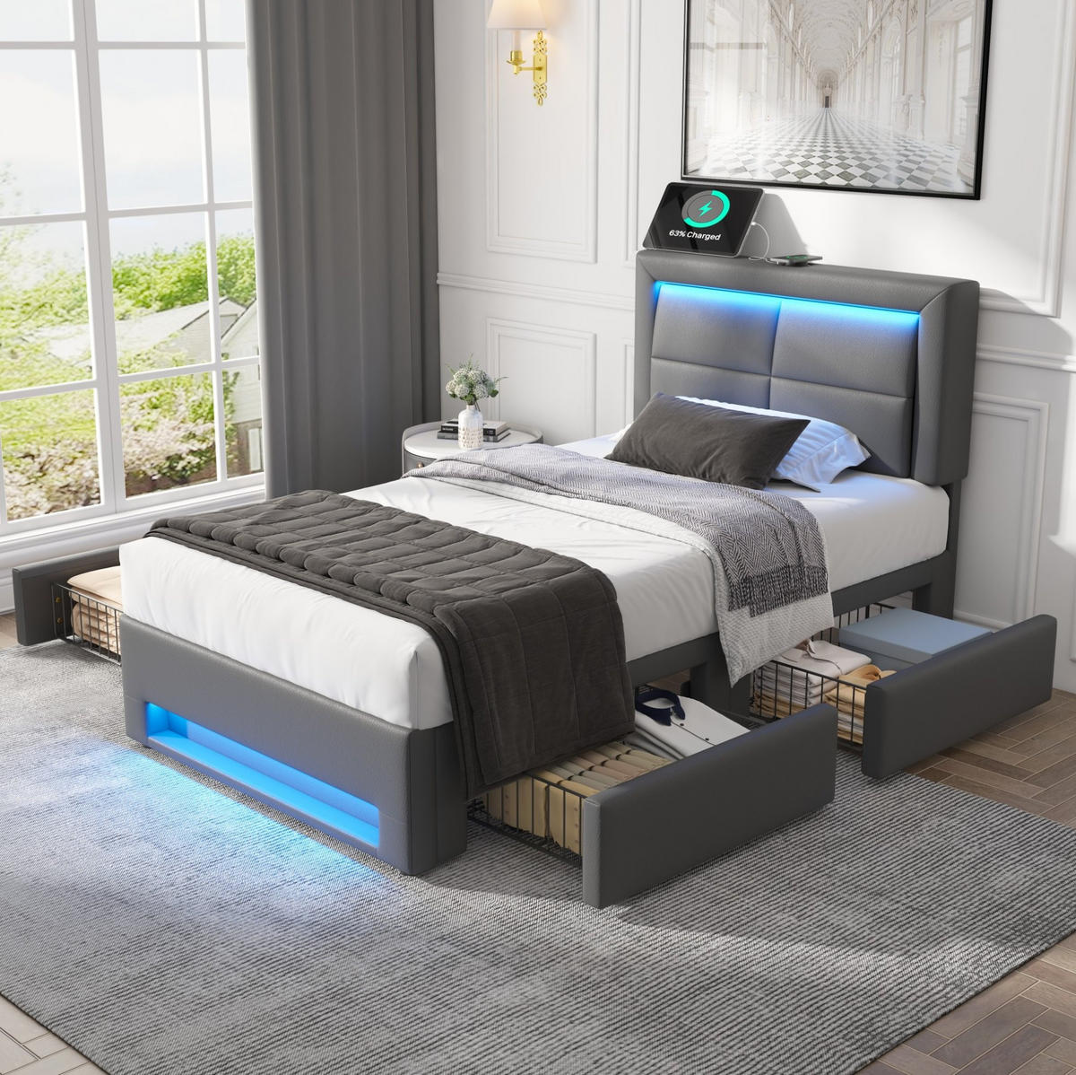 POLSTERBETT 90/190 cm Grau mit USB-Anschluss und LED-Beleuchtung - Grau, Kunststoff (90/200cm) - OKWISH