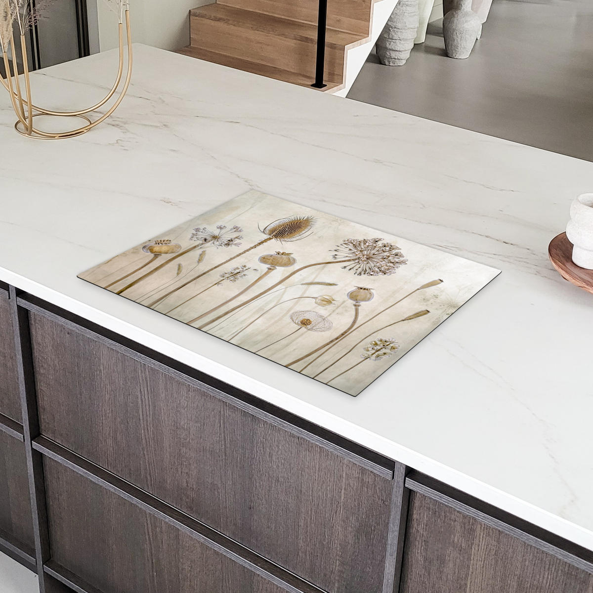 HERDABDECKPLATTE Blumen - Aquarell - Stilleben - Braun - Vintage 71x52 cm - Sandfarben, Kunststoff (71/52/0.2cm) - MuchoWow