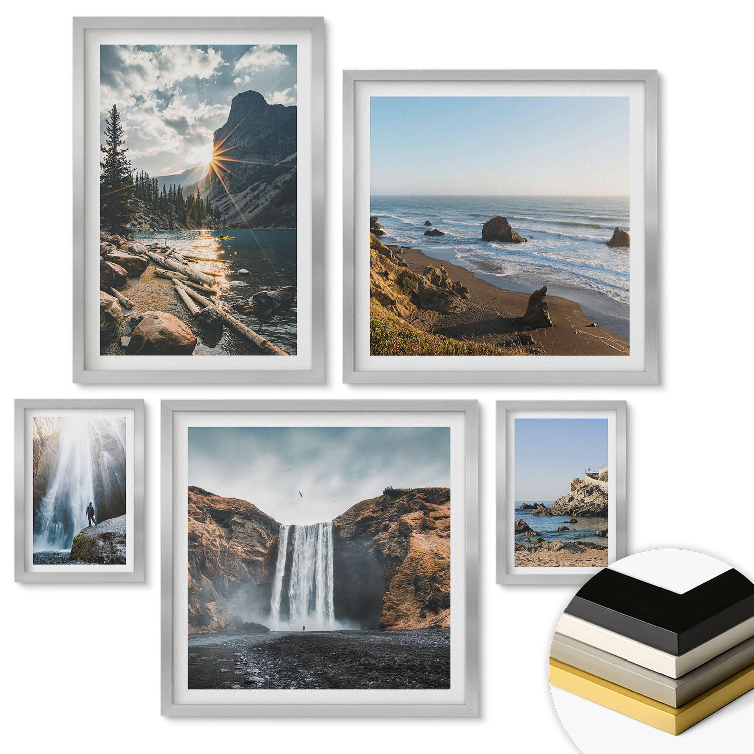 WANDBILDER 5er Set - 50x50 cm & 20x30 cm & 40x60 cm Silberner Rahmen - Zitronengarten mit Getränken - Silberfarben, Kunststoff (40/60cm) - ArtPrintCave