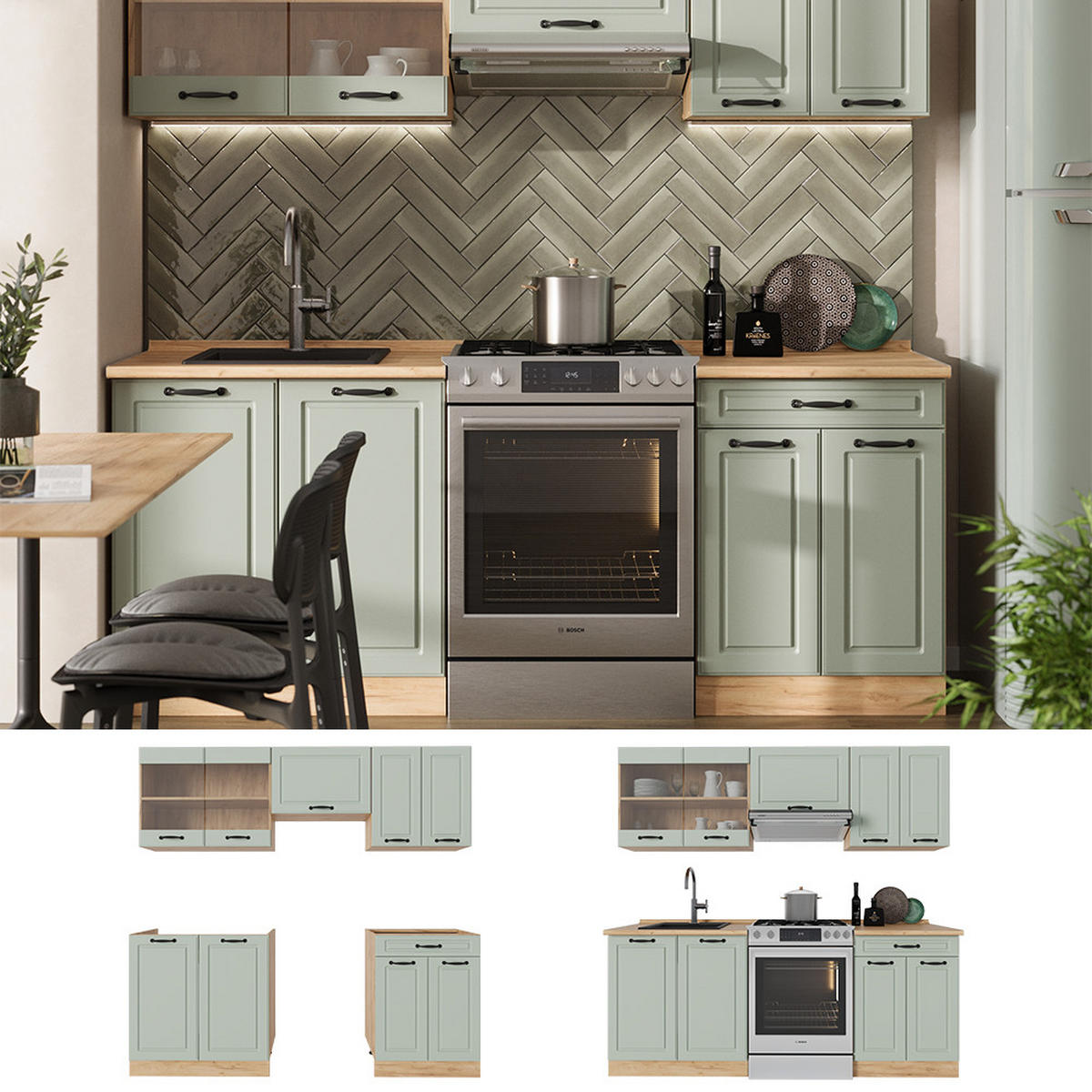 KÜCHENZEILE R-Line, Mint Landhaus/Goldkraft Eiche, 200 cm Arbeitsplatte Anthrazit - Honigeiche/Grün, Holzwerkstoff (200/81.6/60cm) - Vicco