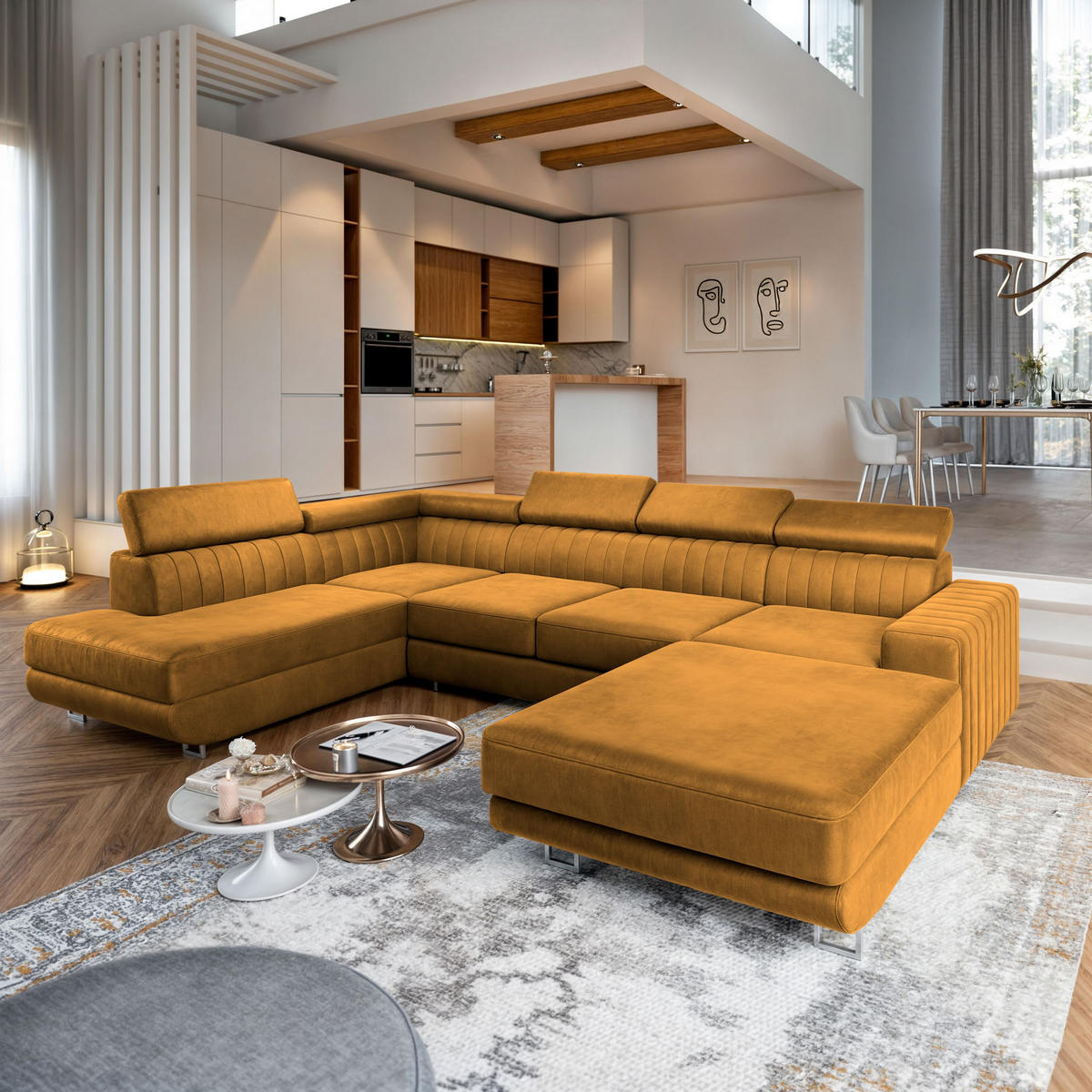 WOHNLANDSCHAFT SIENA L-S Gelb Velours-Stoff mit Schlaffunktion - Gelb, Holz (335/89/190cm) - MASSENO