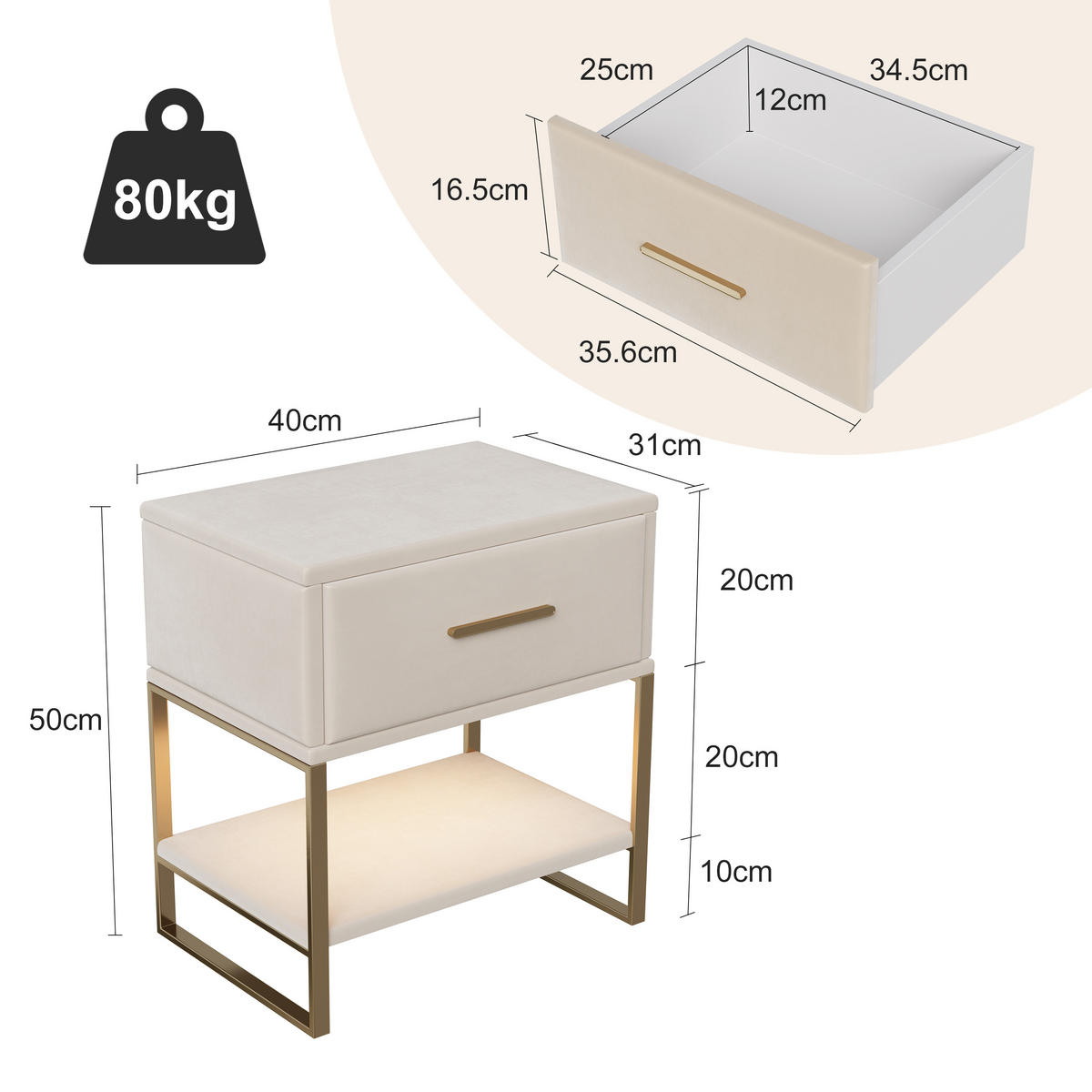 NACHTTISCH 2er Set Samt LED 1 Schublade beige - Beige, Holz (31/50/40cm) - LEBENLANG