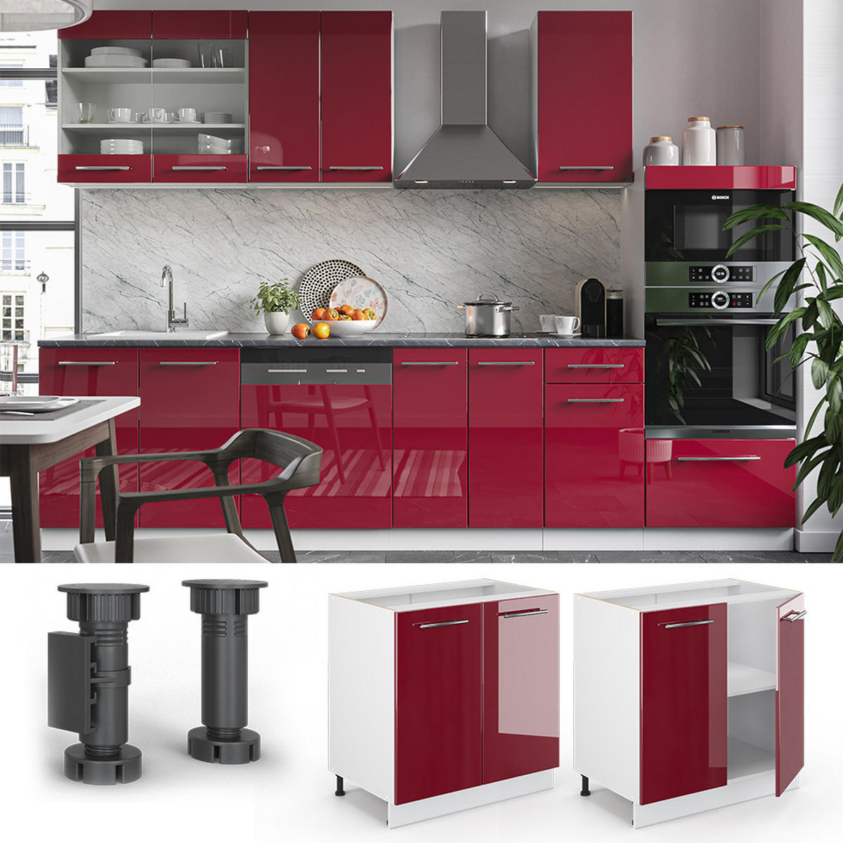 SPÜLENUNTERSCHRANK Fame-Line Bordeaux Hochglanz 80 cm mit Regal AP Marmor - Bordeaux/Weiß, Holzwerkstoff (80/82/60cm) - Vicco