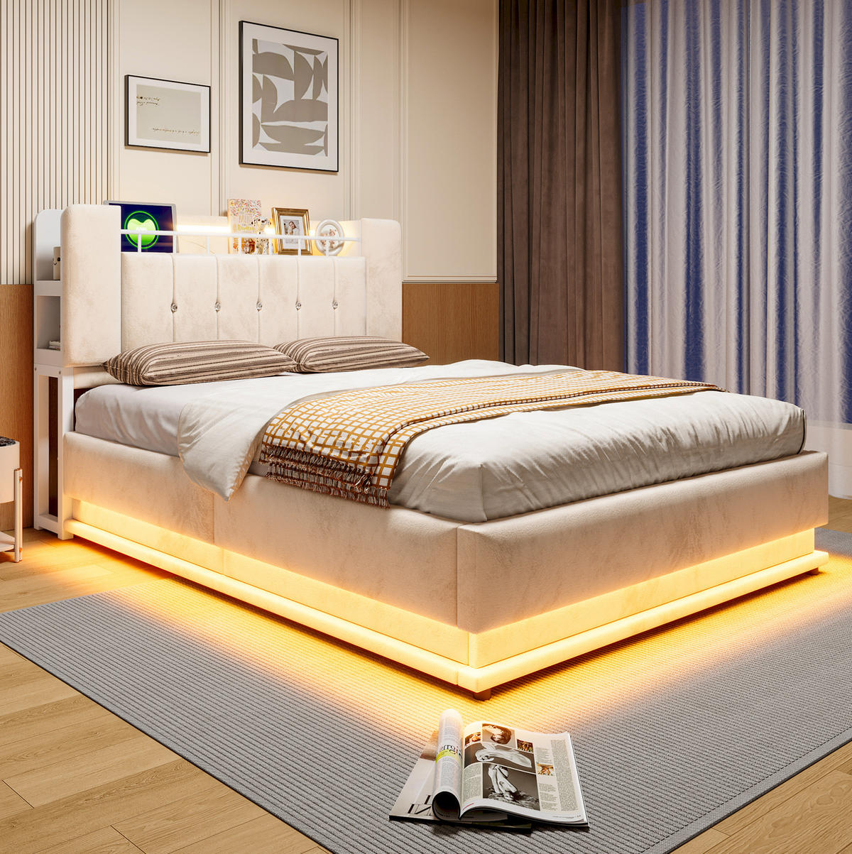 POLSTERBETT 140x200 cm Beige mit Samtbezug, LED-Beleuchtung, USB-Anschlüssen und Stauraum - Beige, Textil (140/200cm) - Modfu