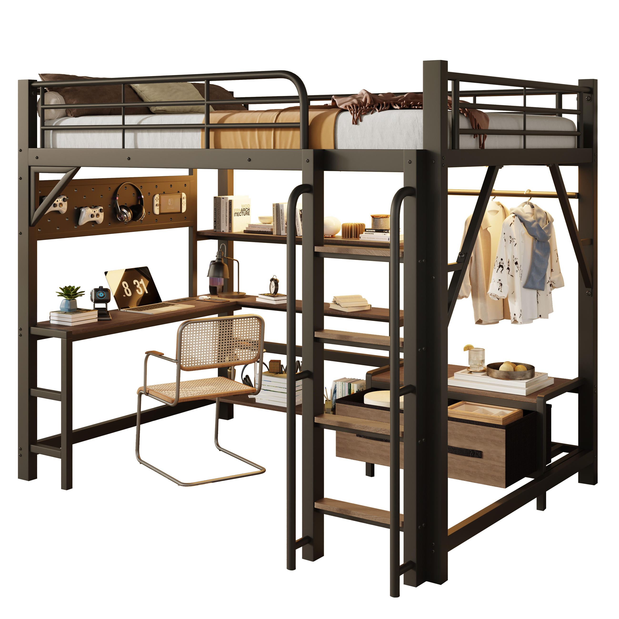 HOCHBETT 140x200cm, Eisen, Lochwand, Regale, Schubladen, Schreibtisch, USB, LED, Geländer, ohne Matratze, Schwarz - Schwarz, Holzwerkstoff (140/200cm)